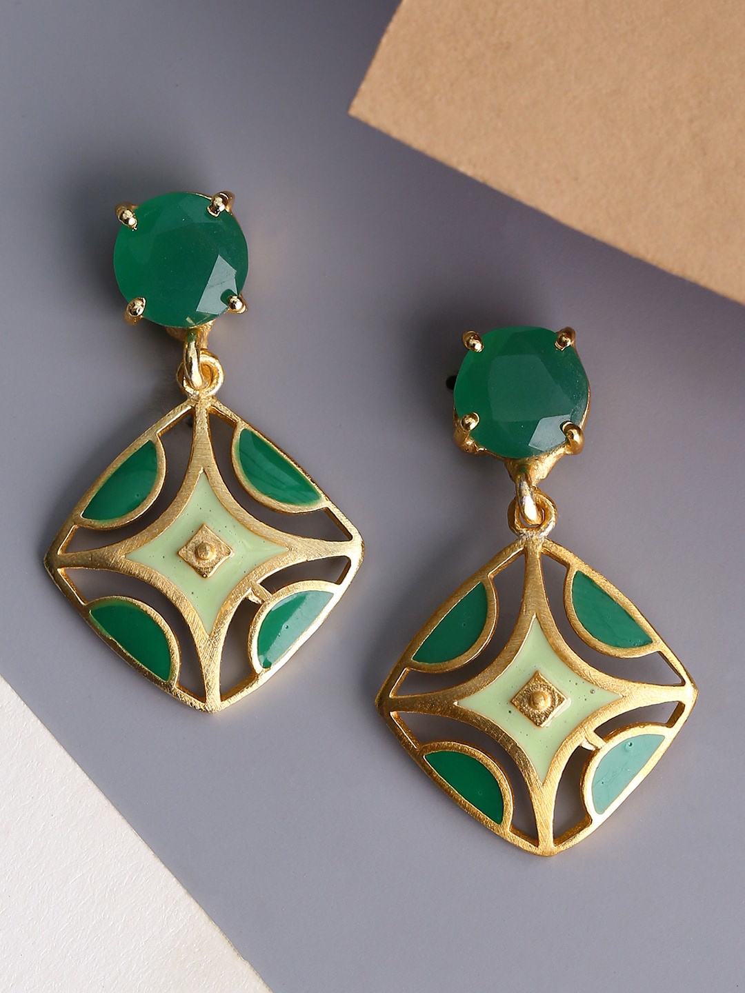 

Shoshaa Gold-Plated Contemporary Drop Earrings, Green