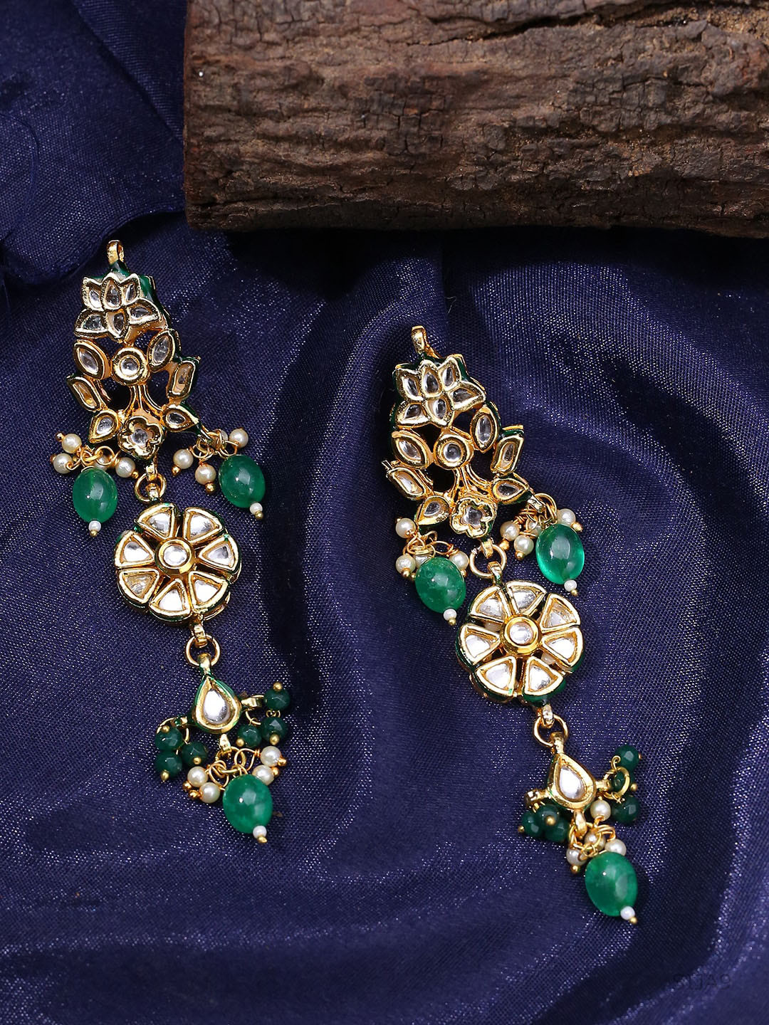 

Shoshaa Gold-Plated Kundan Studded & Beaded Floral Drop Earrings, Green