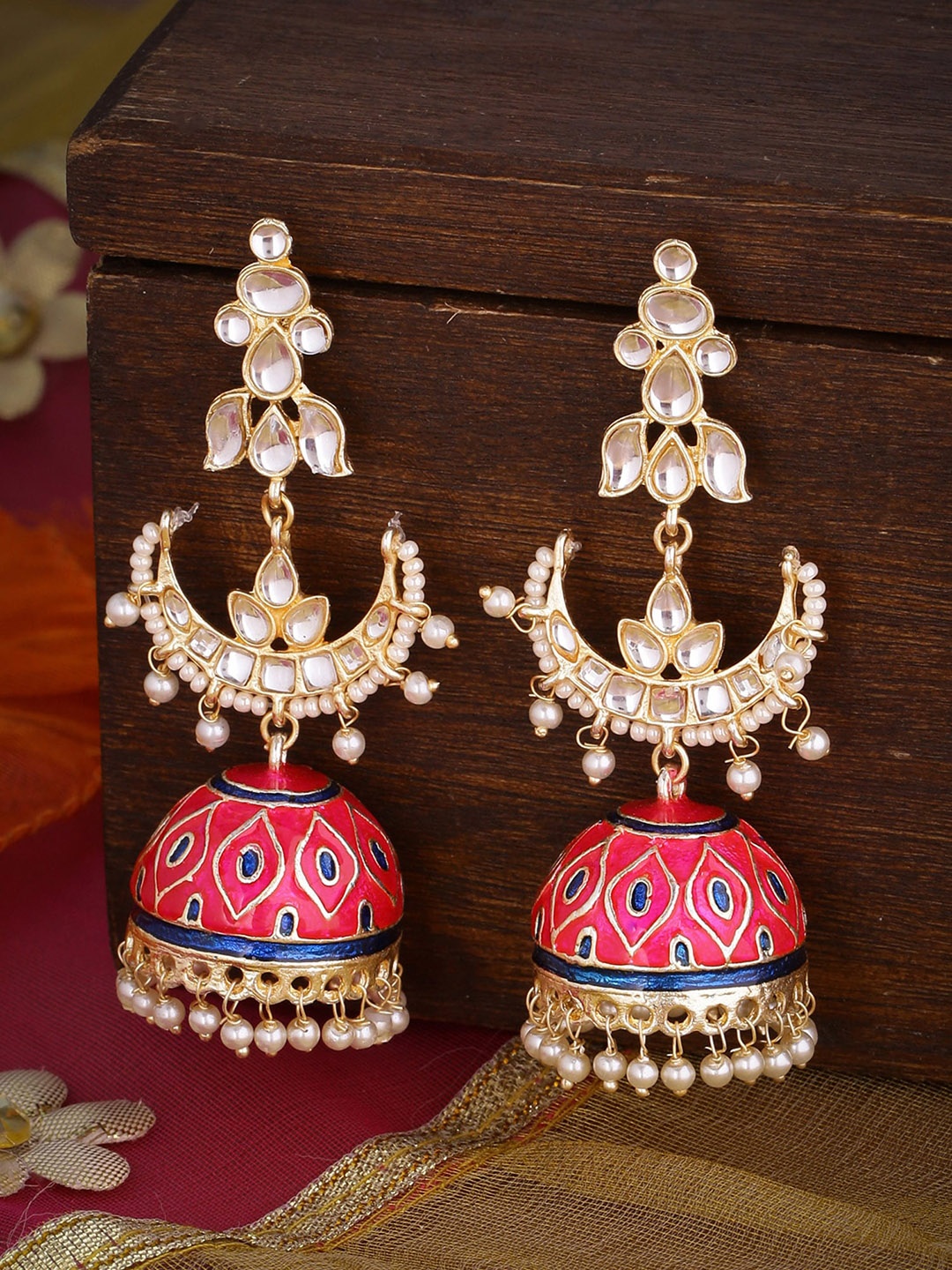 

Shoshaa Gold-Plated Kunda Crescent Shaped Jhumkas Earrings, Fuchsia