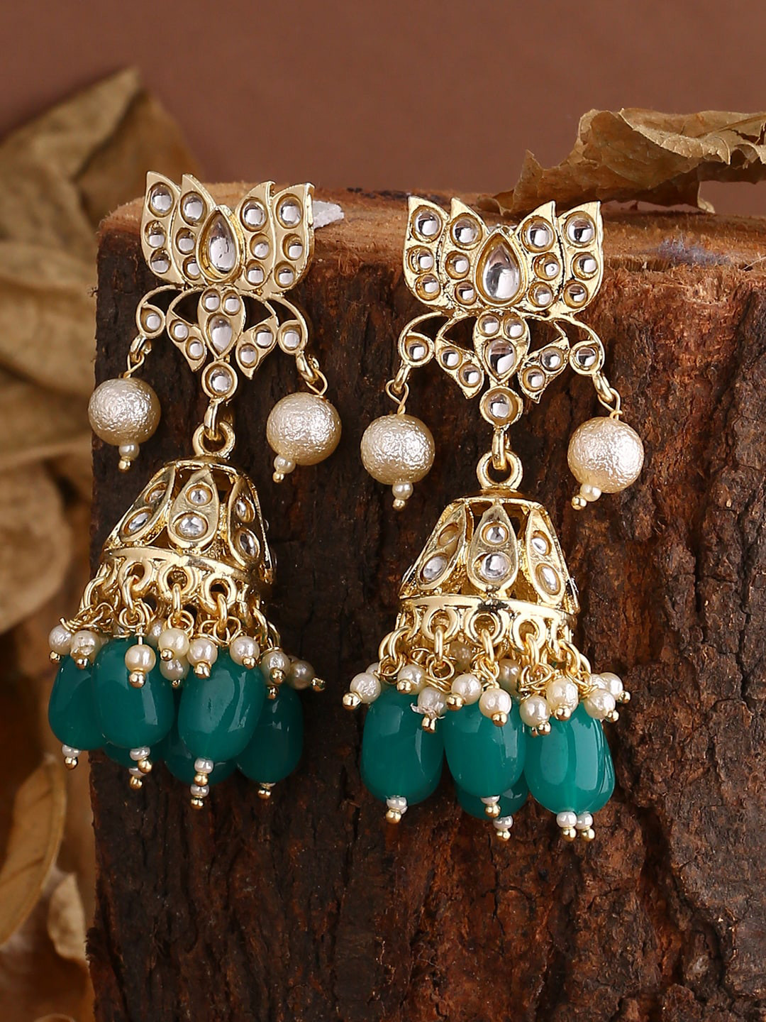 

Shoshaa Gold-Plated Kundan Floral Shaped Jhumkas Earrings, Green