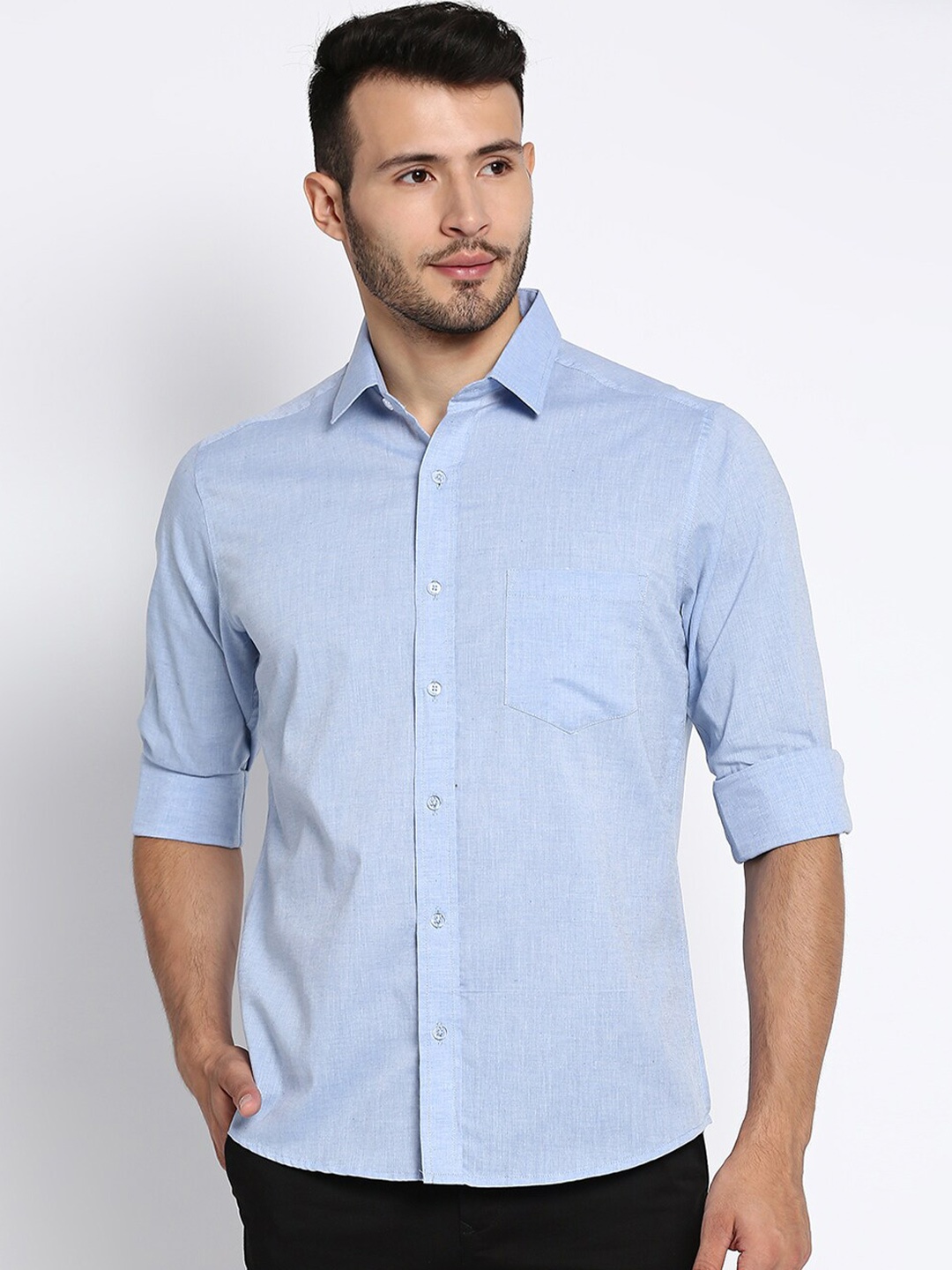 

MOD ECRU Spread Collar Slim Fit Chambray Cotton Casual Shirt, Blue