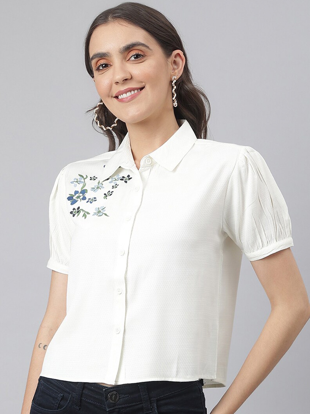 

Miss Grace Self Design Embroidered Puff Sleeves Shirt Style Top, Off white