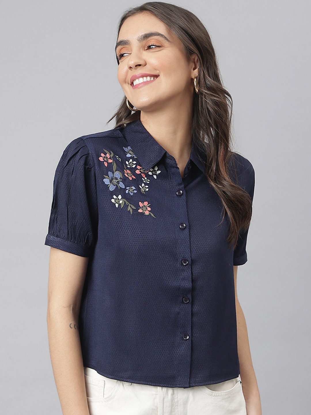 

Miss Grace Floral Embroidered Puff Sleeves Shirt Style Top, Navy blue