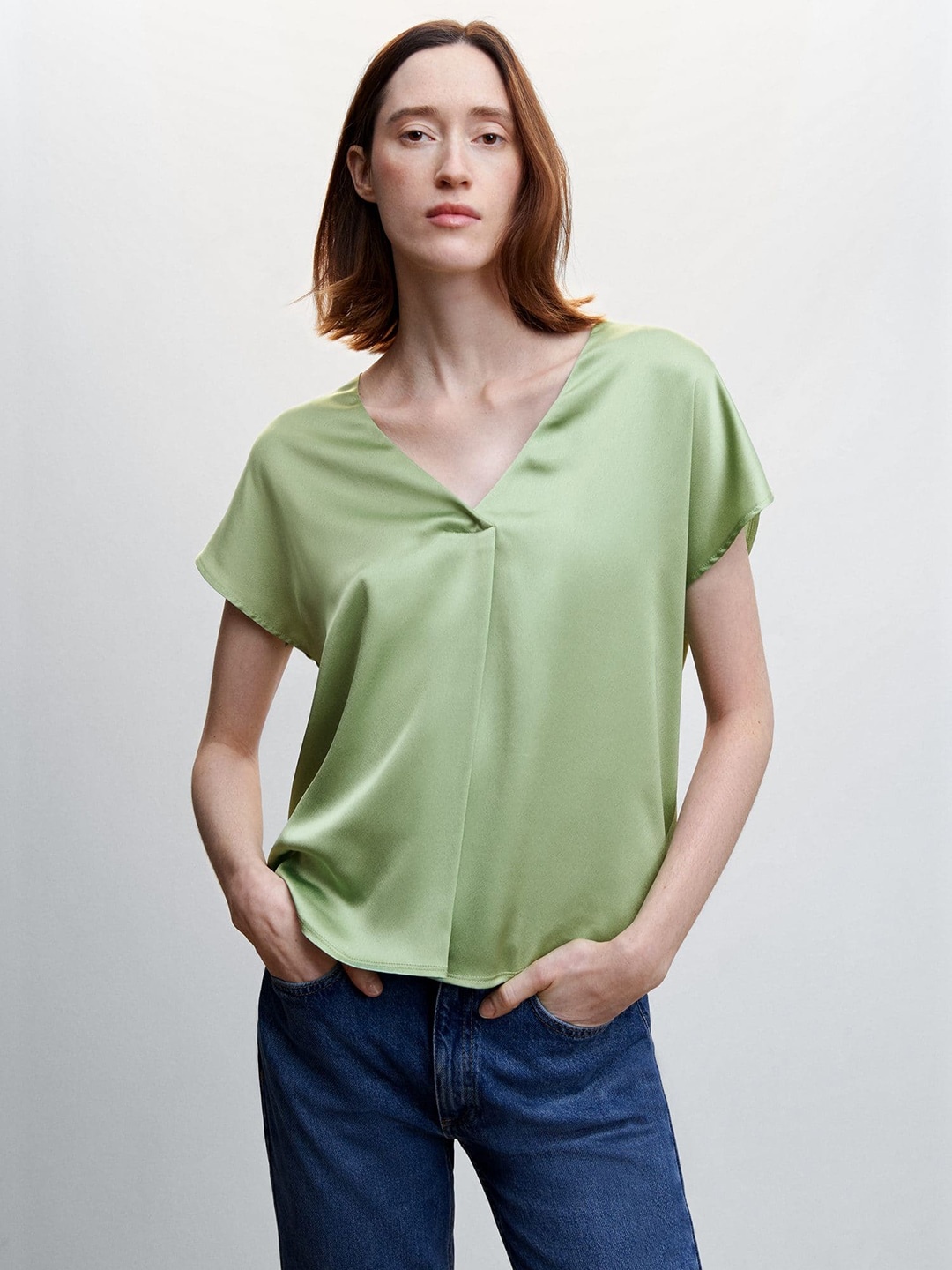 

MANGO Sustainable Satin-Finish Pleated Detail Extended Sleeves Top, Green