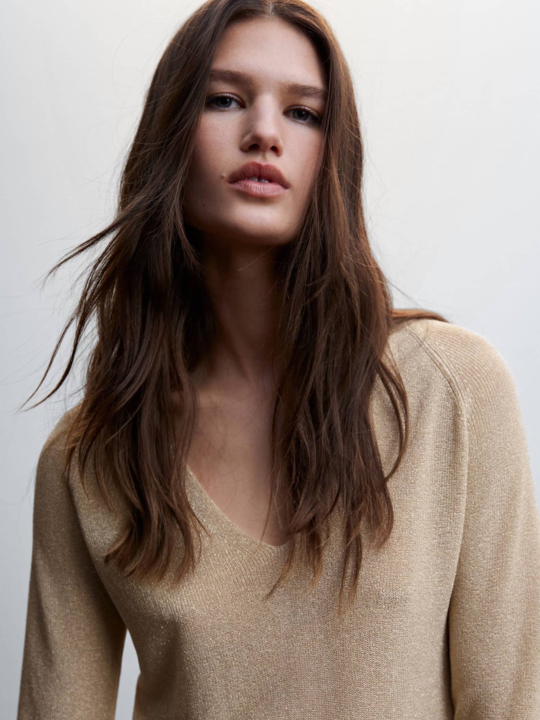 

MANGO V-Neck Bling Regular Top, Beige