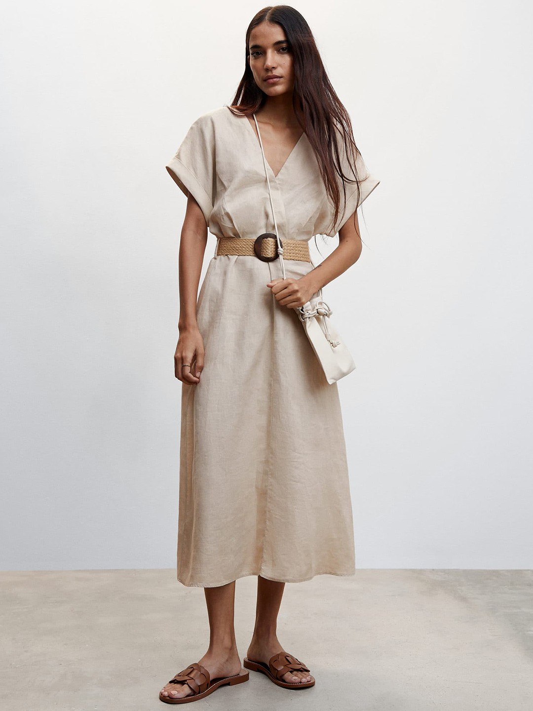 

MANGO Pure Linen Wrap Midi Dress With Belt, Beige