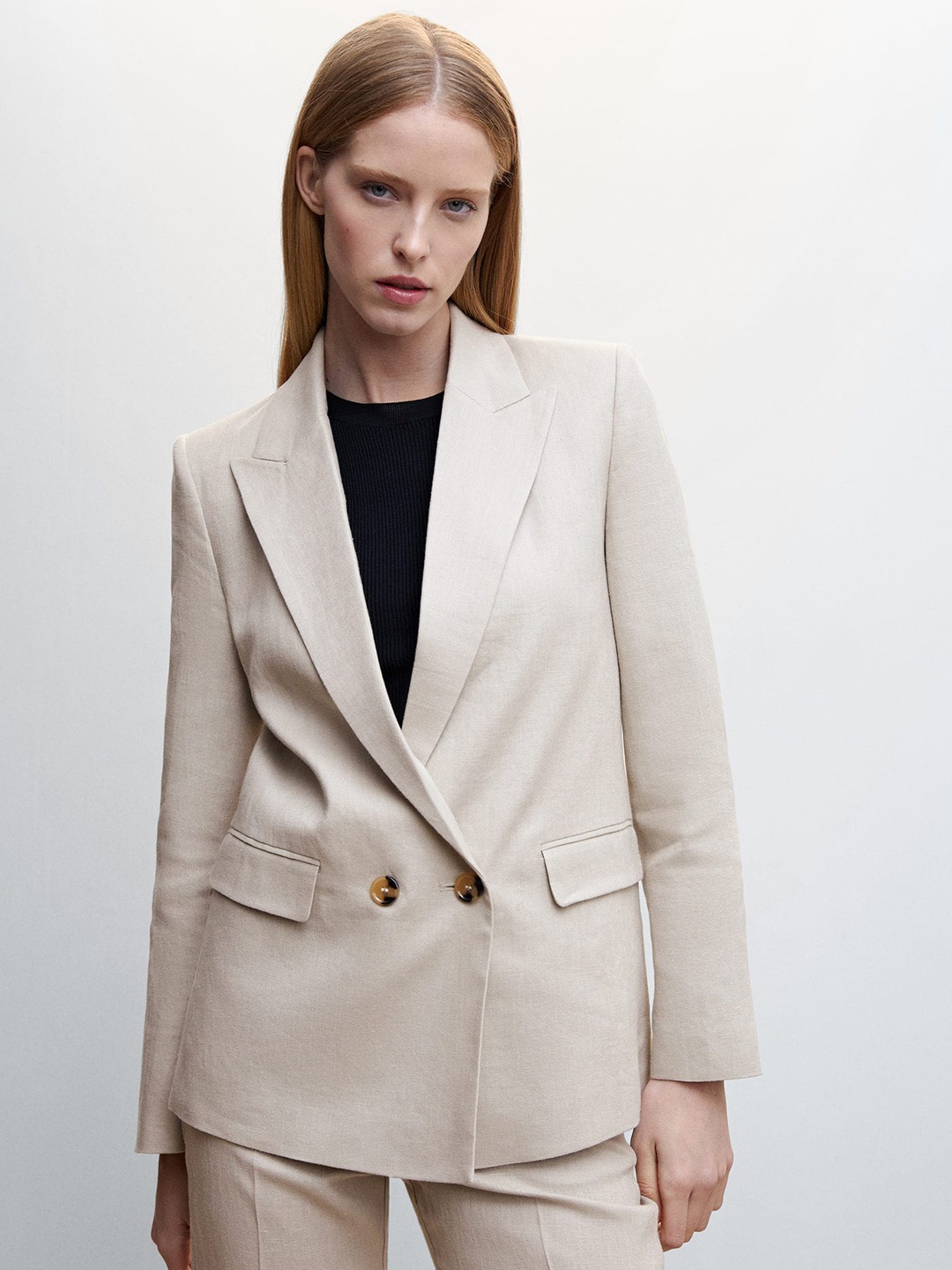 

MANGO Pure Linen Double-Breasted Blazer, Beige