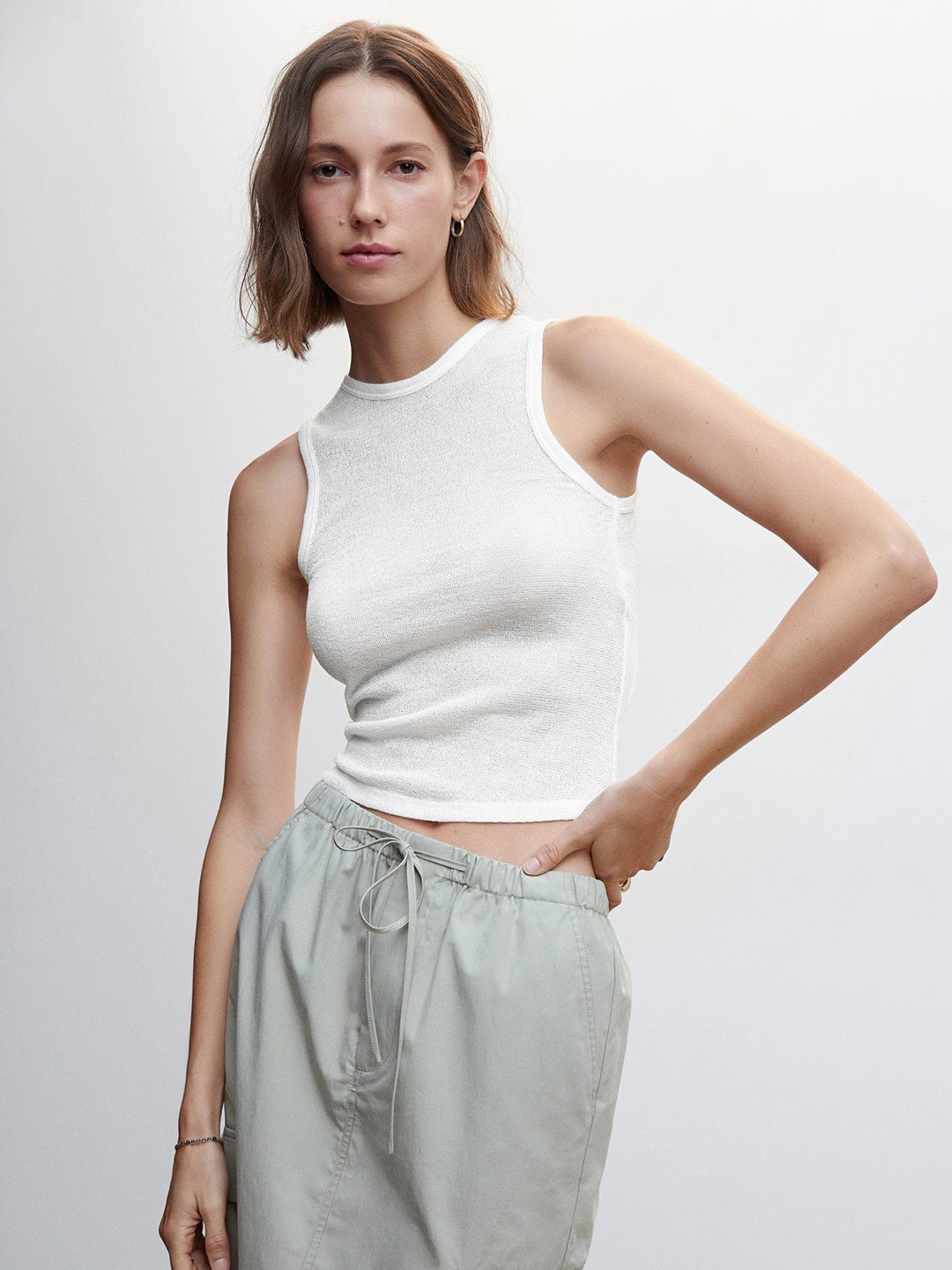 

MANGO Solid Crop Top, White