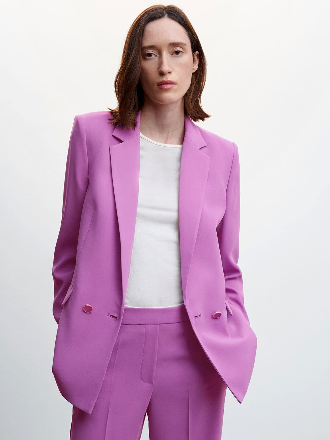 

MANGO Sustainable Oversized Fit Solid Formal Blazer, Purple