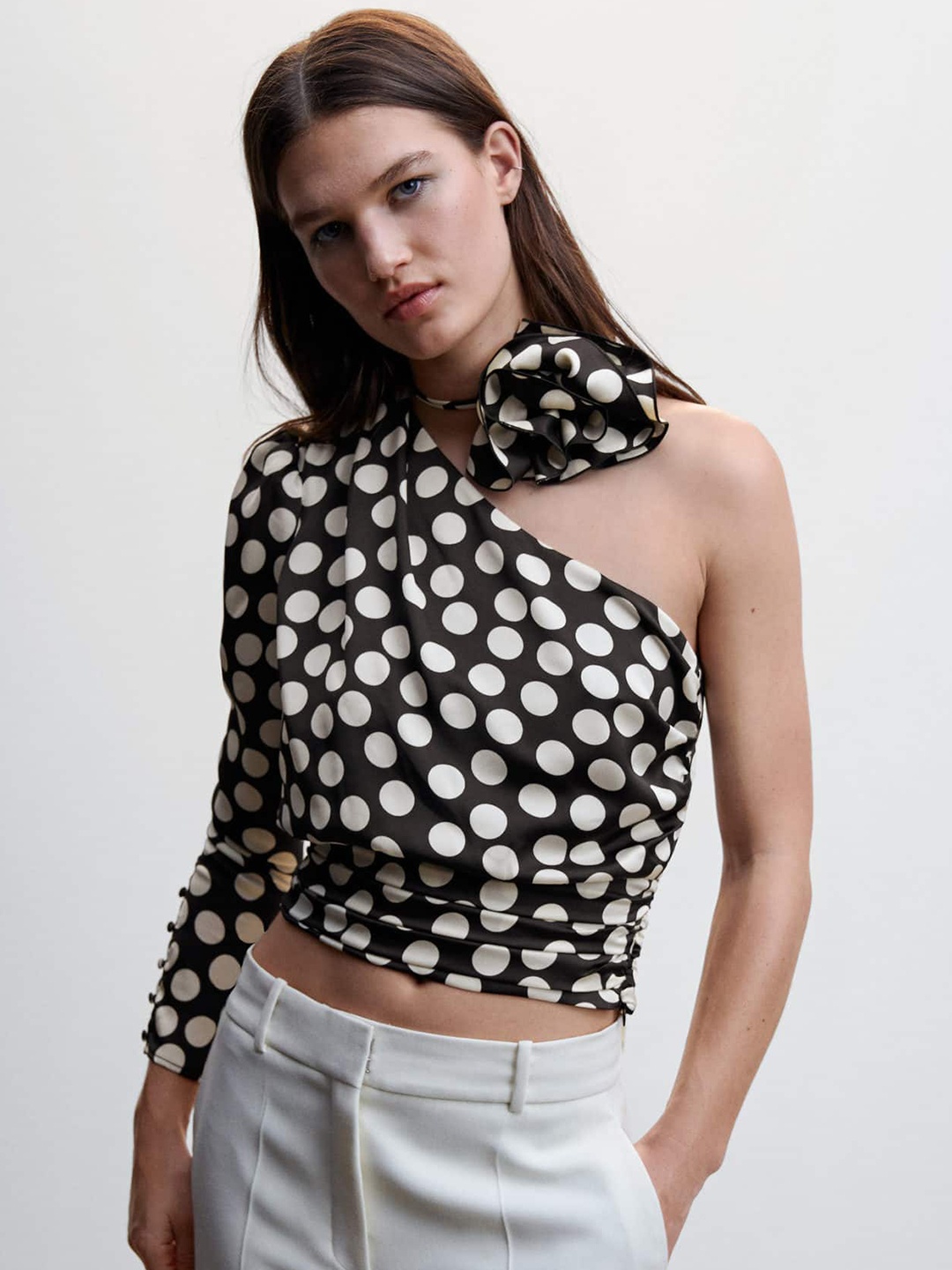 

MANGO Polka Dot Print One Shoulder Applique Top, Black