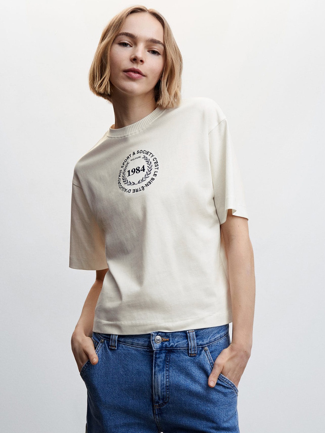 

MANGO Typography Embroidered Pure Cotton T-shirt, Off white