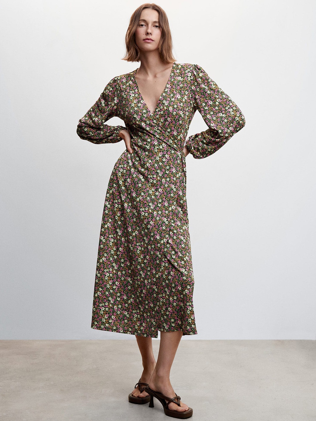 

MANGO Floral Print Puff Sleeves Wrap Midi Dress, Black