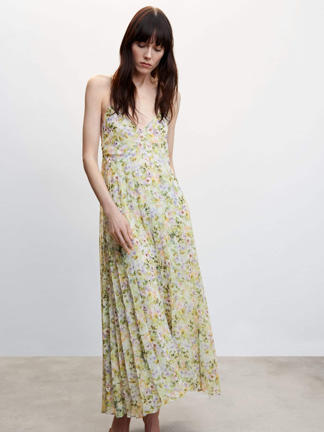 

MANGO Floral Print Accordion Pleated Styled Back Maxi Dress, Green