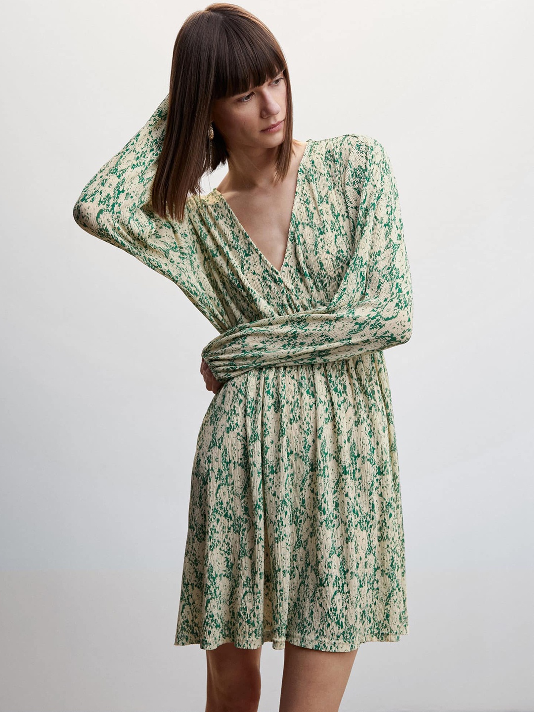 

MANGO Printed Puff Sleeve A-Line Dress, Beige