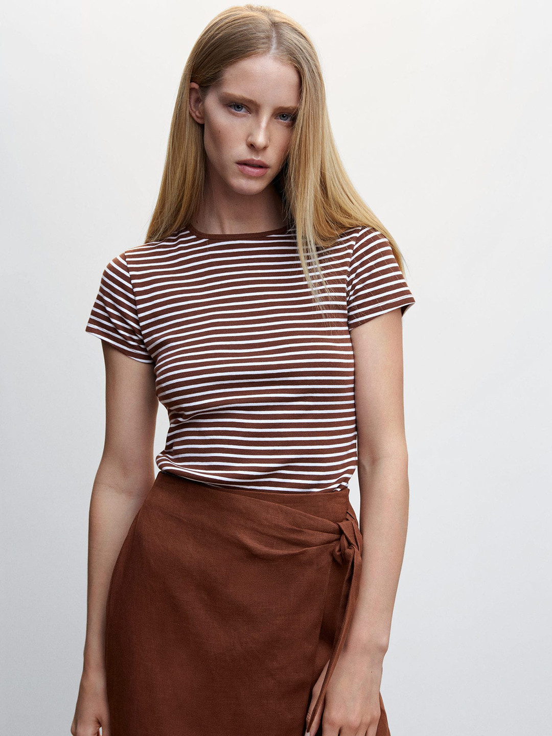 

MANGO Women Striped Pure Cotton T-shirt, Brown