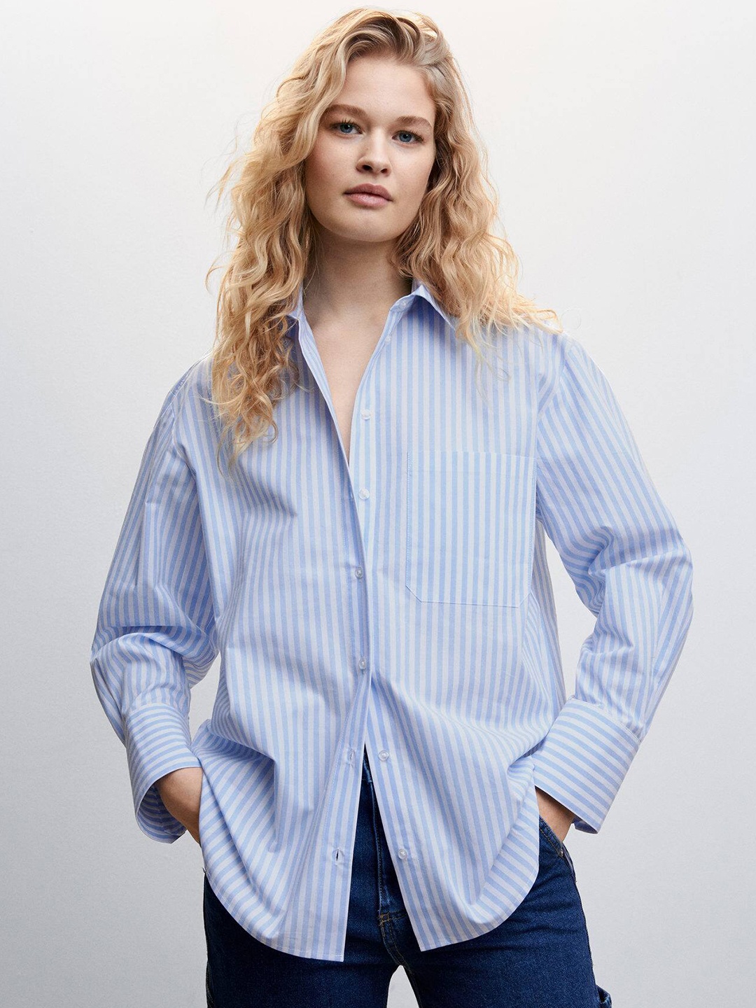 

MANGO Women Opaque Striped Casual Shirt, Blue