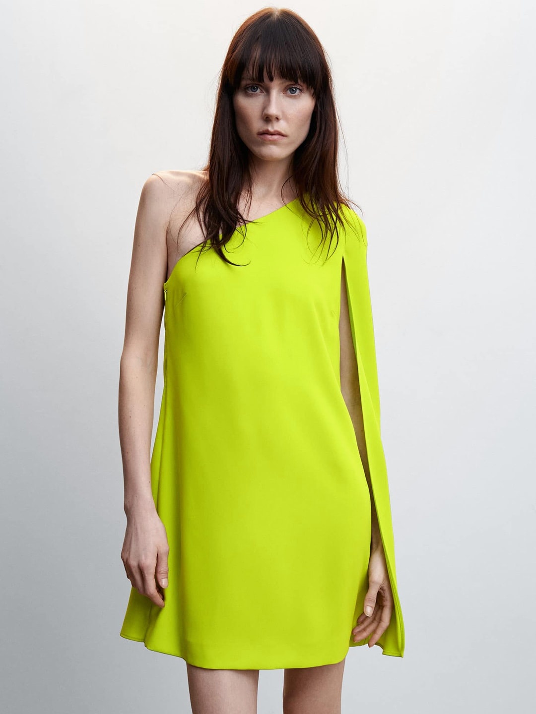 

MANGO One Shoulder Cape Sleeve A-Line Mini Dress, Lime green