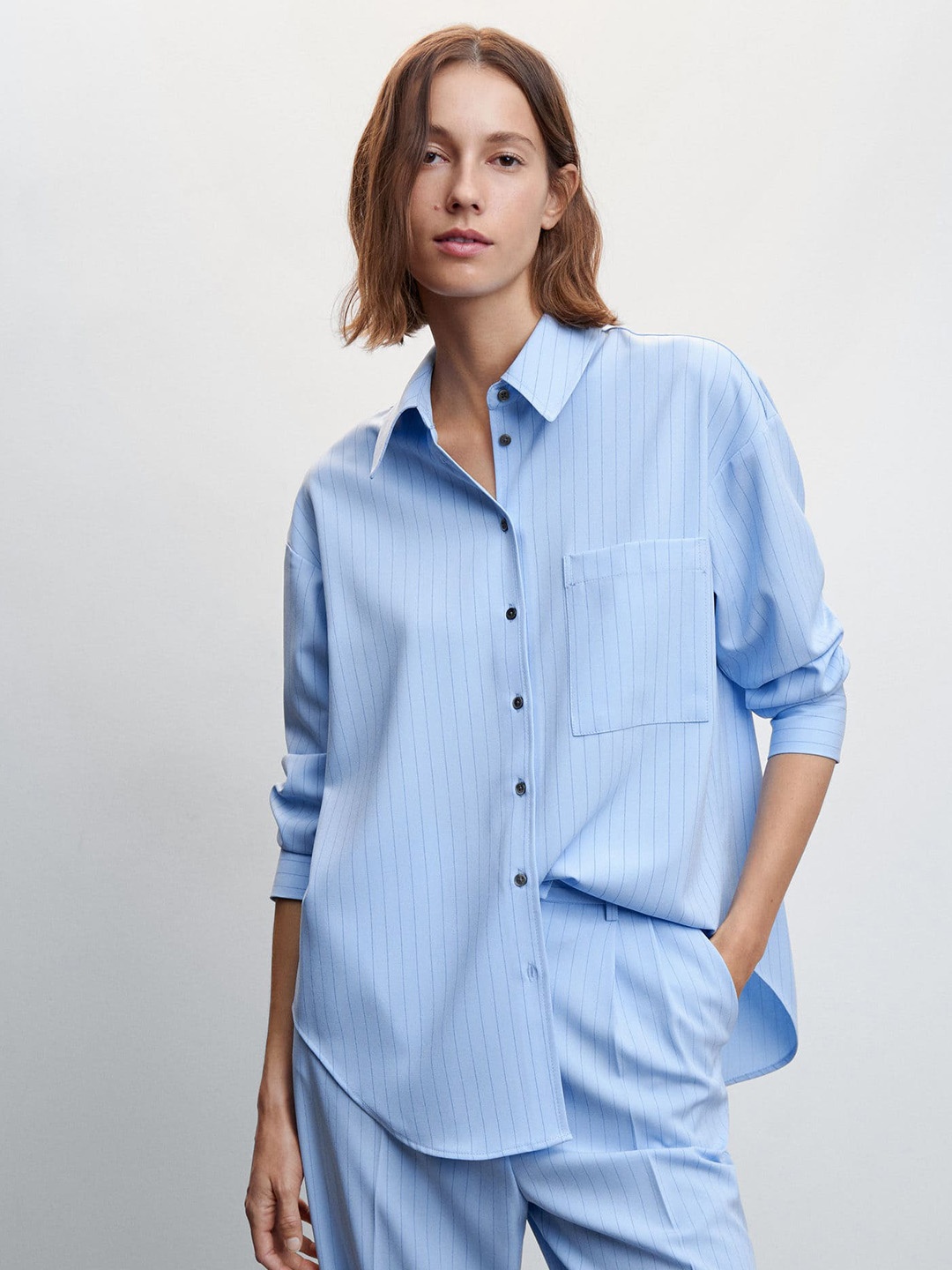 

MANGO Women Pinstripes Casual Shirt, Blue