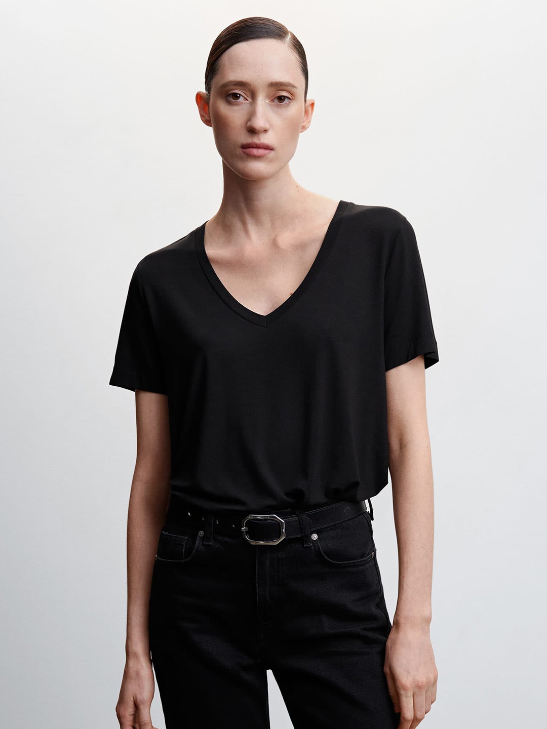 

MANGO V-Neck Regular Fit T-shirt, Black