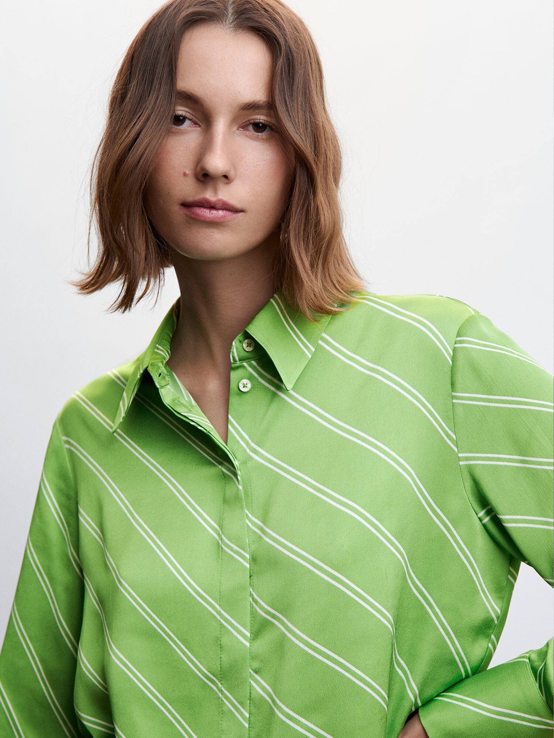 

MANGO Women Horizontal Striped Casual Shirt, Green