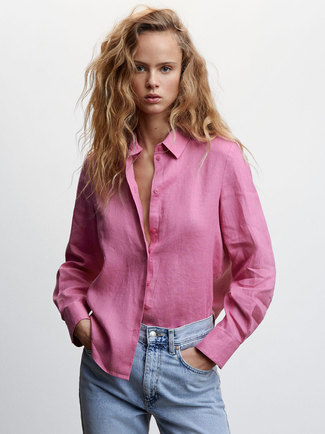 

MANGO Pure Linen Opaque Casual Shirt, Pink