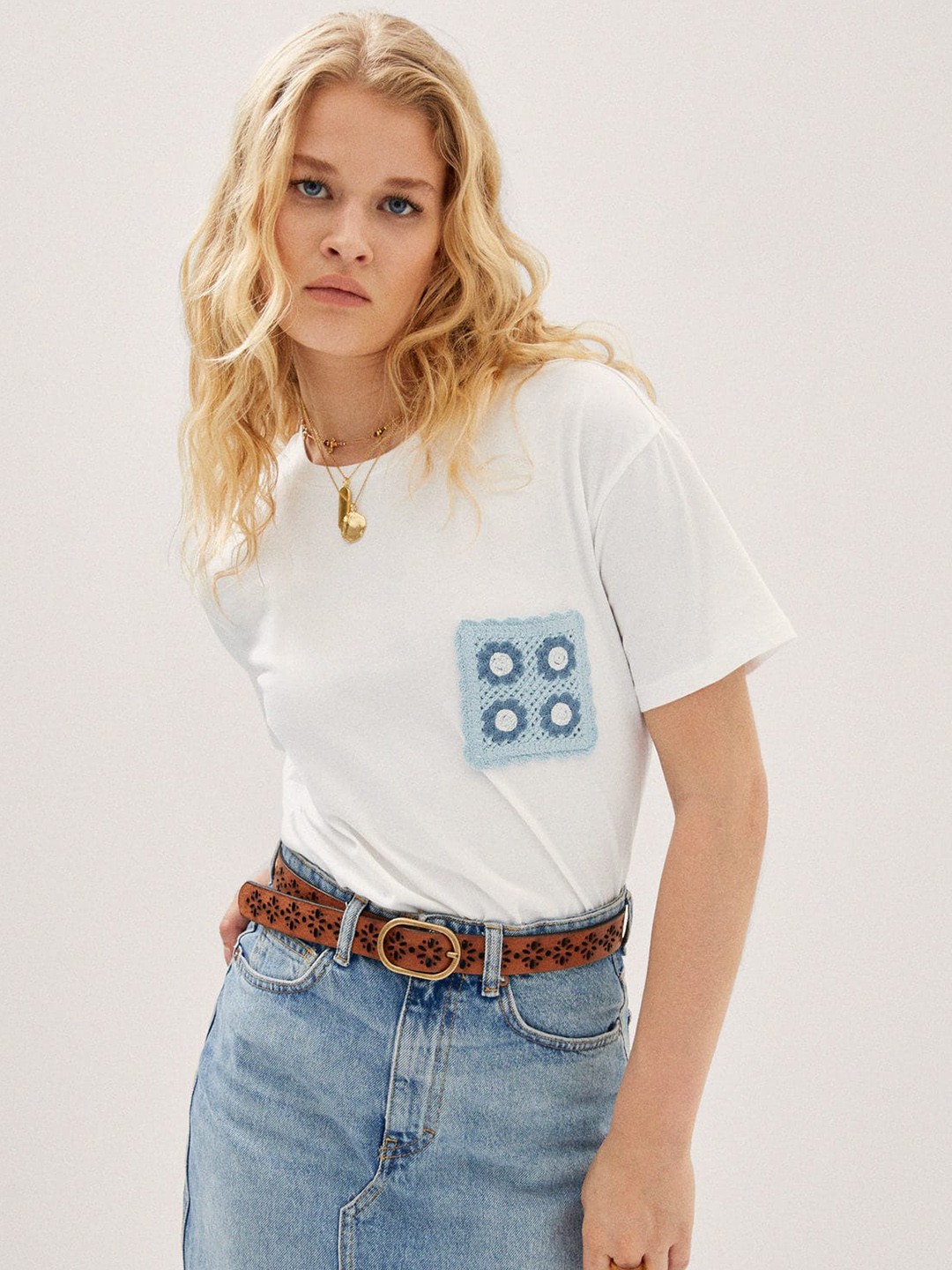 

MANGO Sustainable Cotton Crochet Pocket Drop-Shoulder Sleeves T-shirt, White