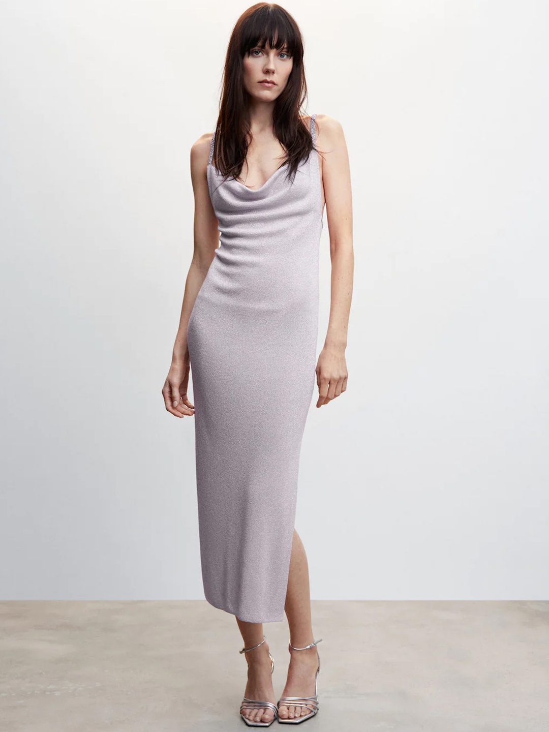 

MANGO Rhinestone Detail Draped Neck Sheath Midi Dress, Lavender