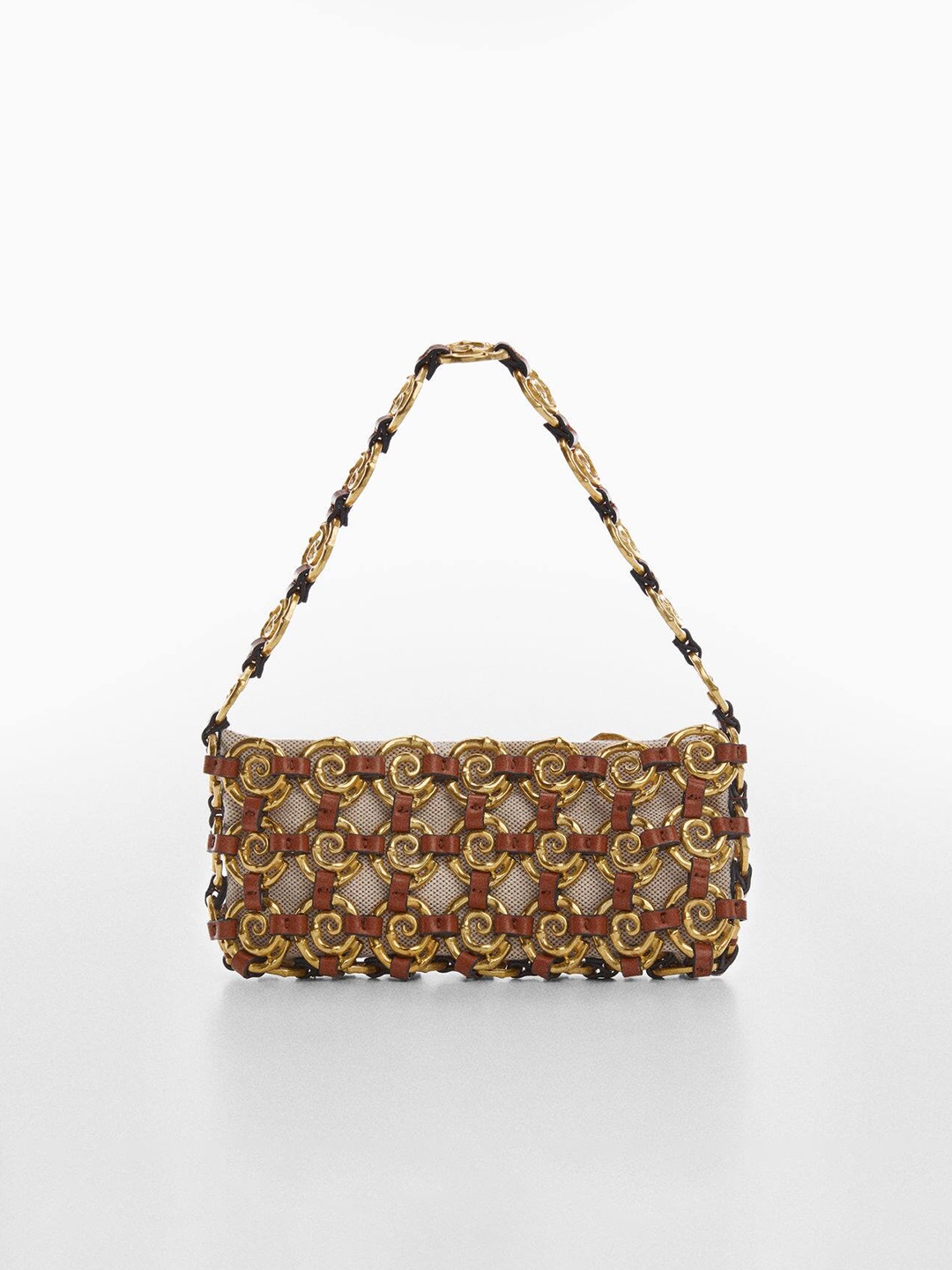 

MANGO Women Spiral Geometric Embellished PU Structured Shoulder Bag, Off white