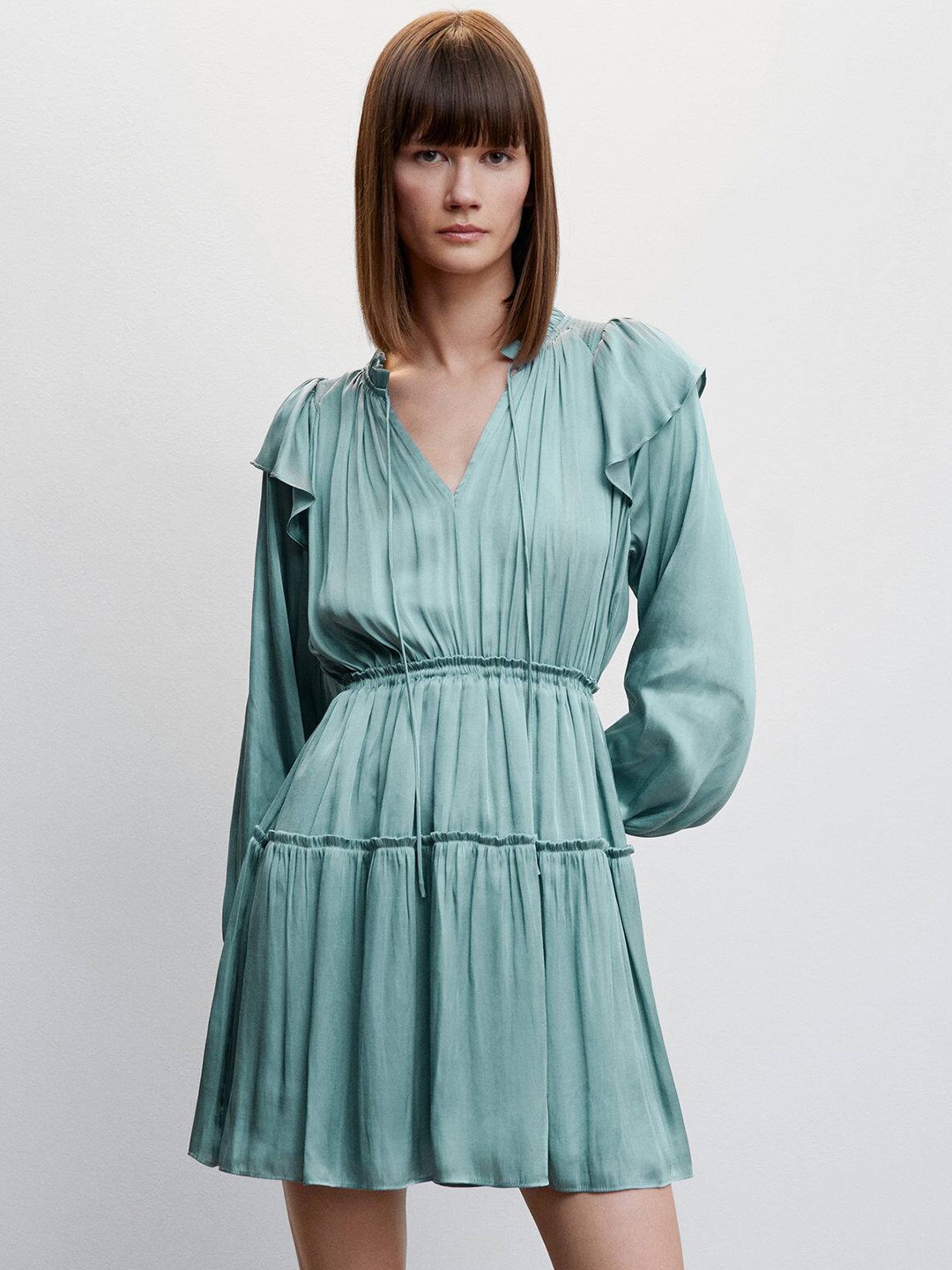 

MANGO Puff Sleeve Ruffled Fit & Flare Dress, Sea green