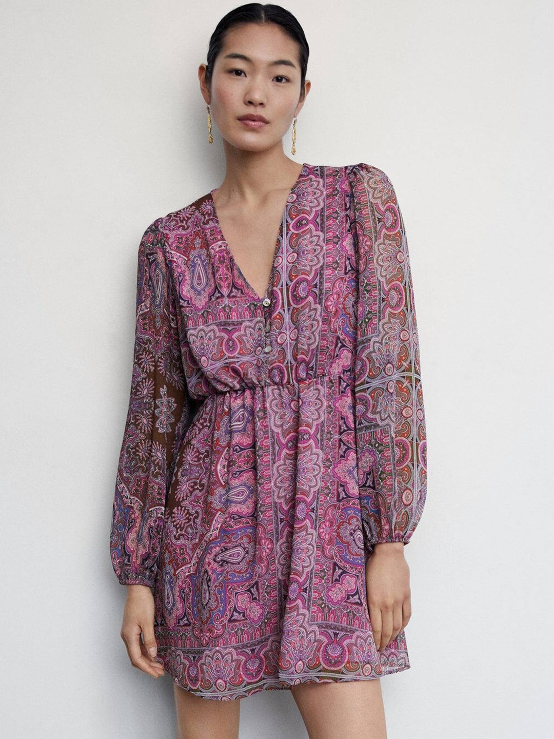

MANGO Ethnic Motifs Print Puff Sleeves A-Line Dress, Pink