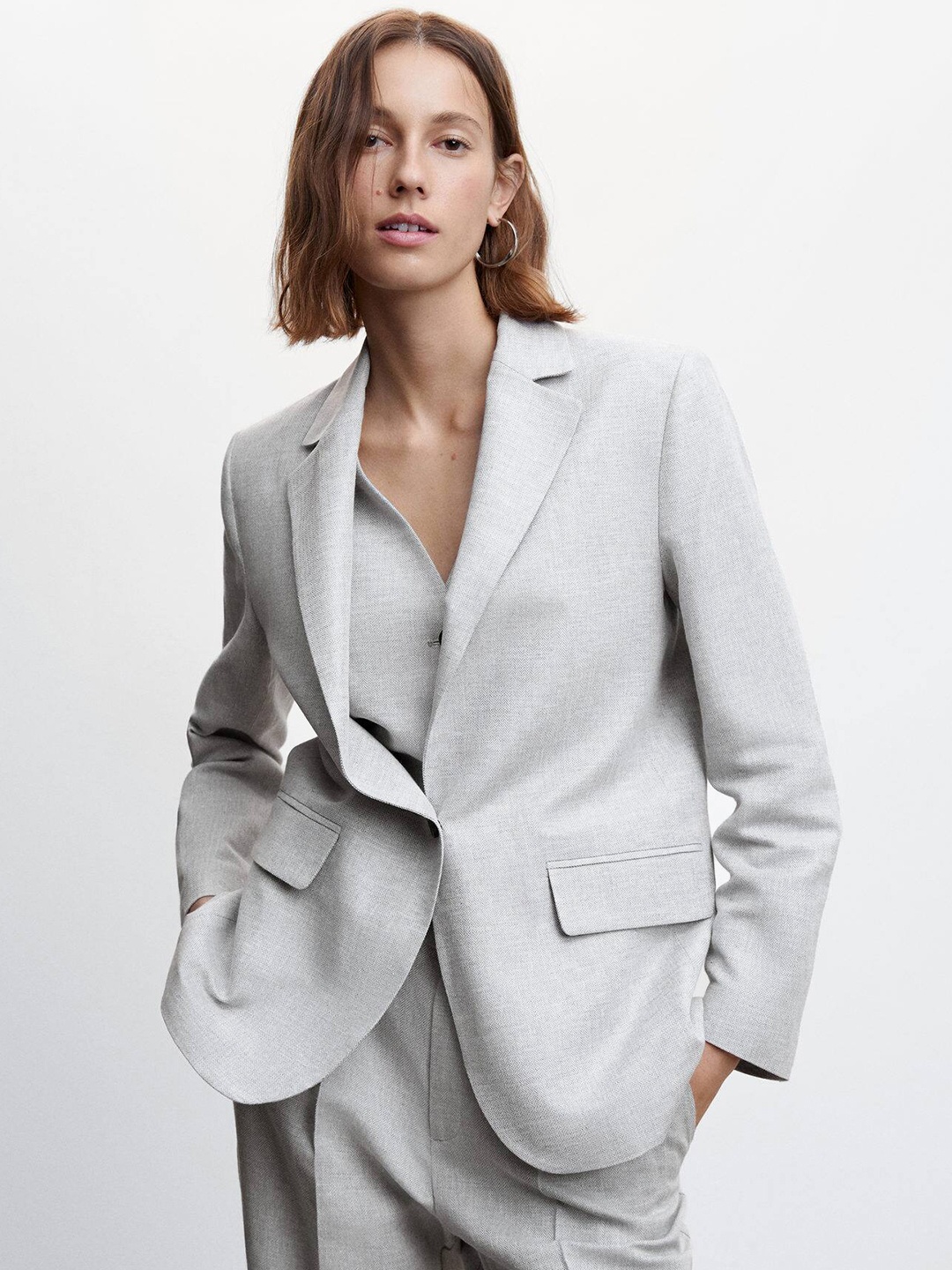 

MANGO Linen Cotton Single-Breasted Blazer, Grey