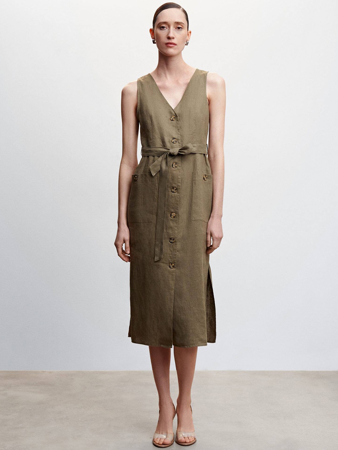 

MANGO Linen A-Line Midi Dress With Belt, Olive