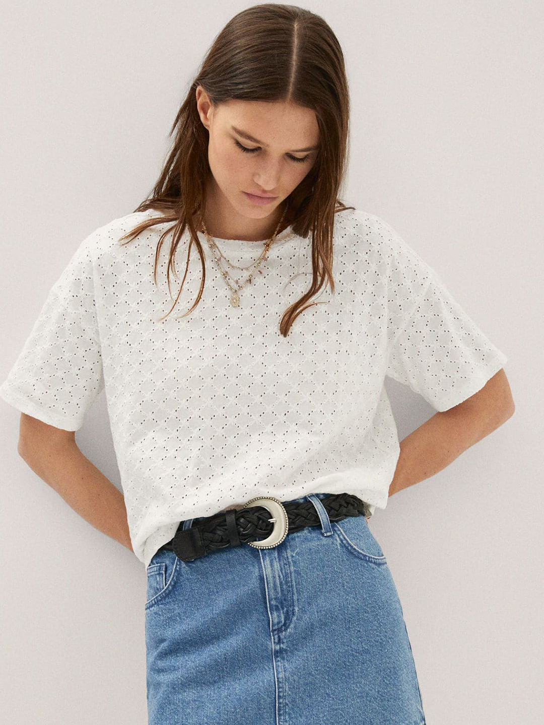 

MANGO Schiffli Embroidered Drop-Shoulder Sleeves Pure Cotton T-shirt, White