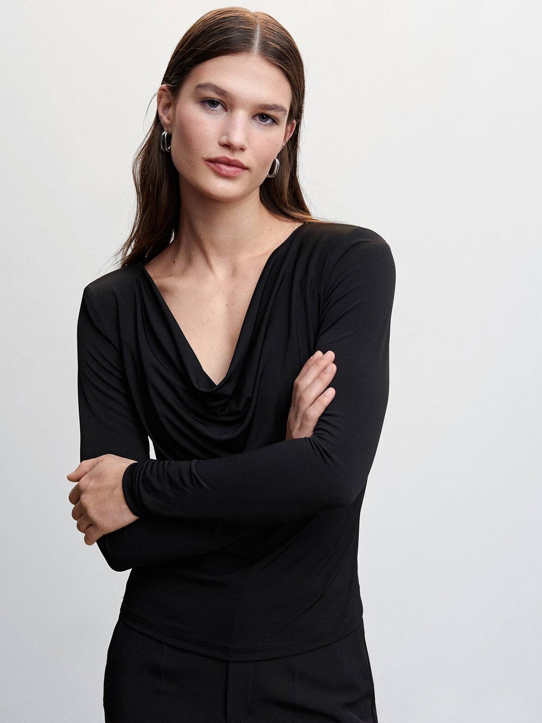

MANGO Shoulder Pad Plunge V-Neck Knitted Top, Black
