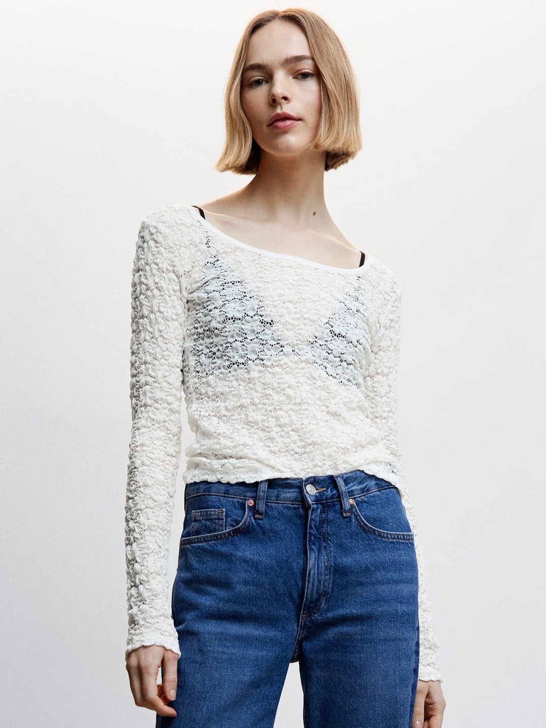 

MANGO Floral Lace Open Knit Top, Off white