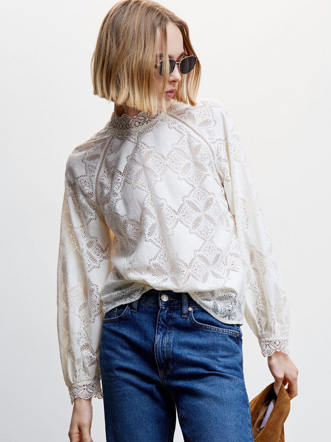 

MANGO Cotton Raglan Sleeve Lace Top, White