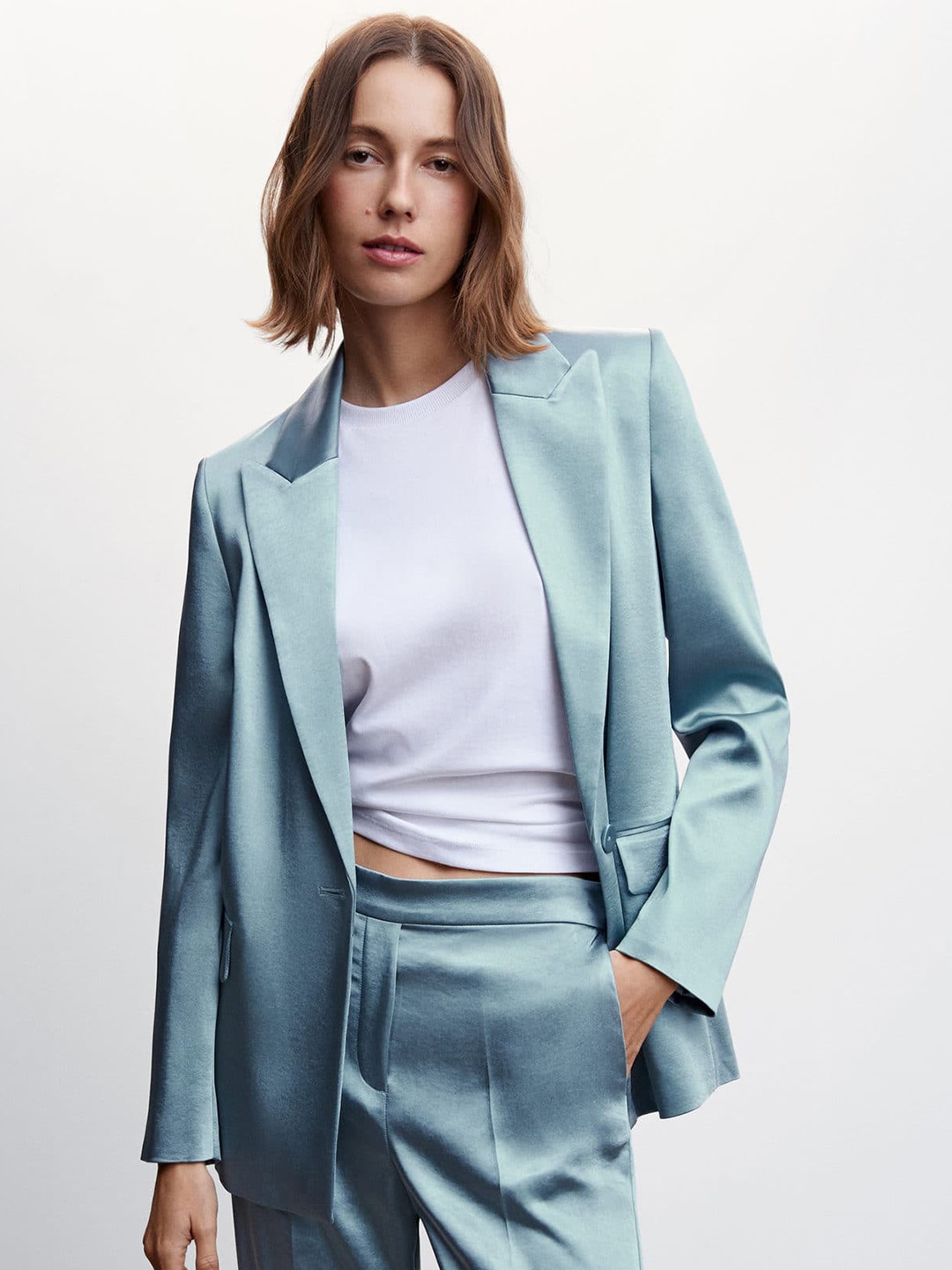 

MANGO Notched Lapel Satin Finish Casual Single-Breasted Blazer, Green