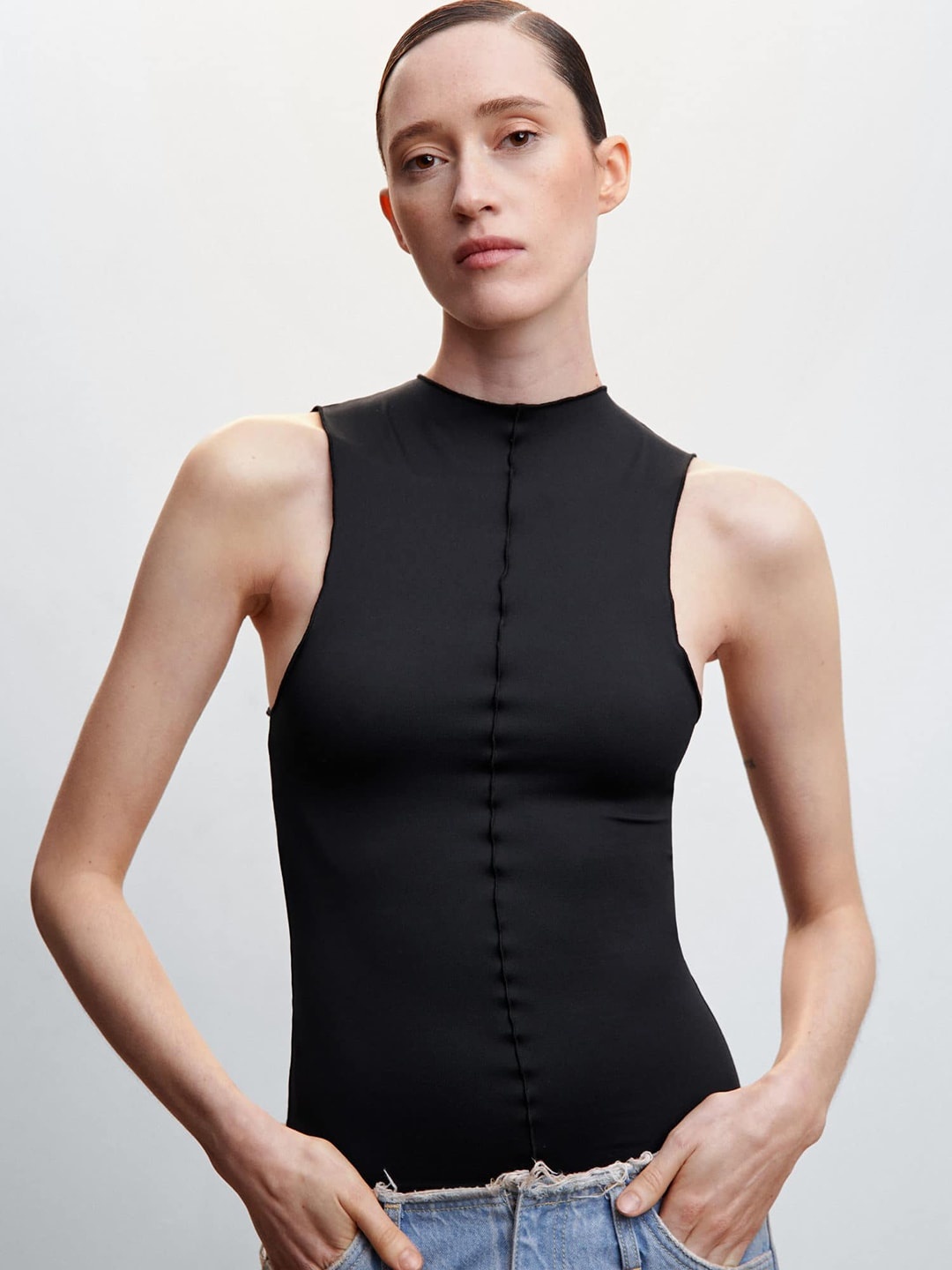 

MANGO Solid Seam Detail Top, Black