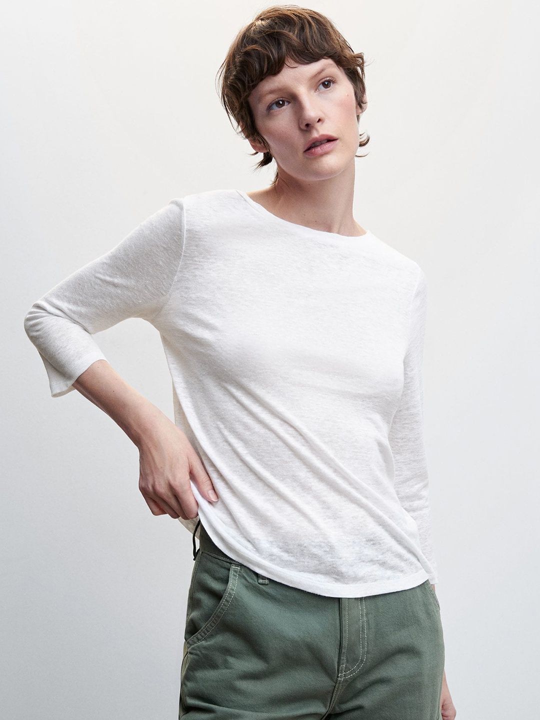

MANGO Linen Solid T-shirt, White