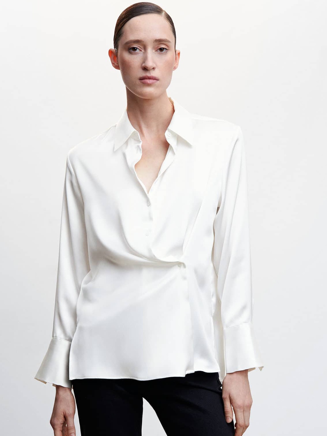 

MANGO Draped Detail Satin Casual Shirt, White