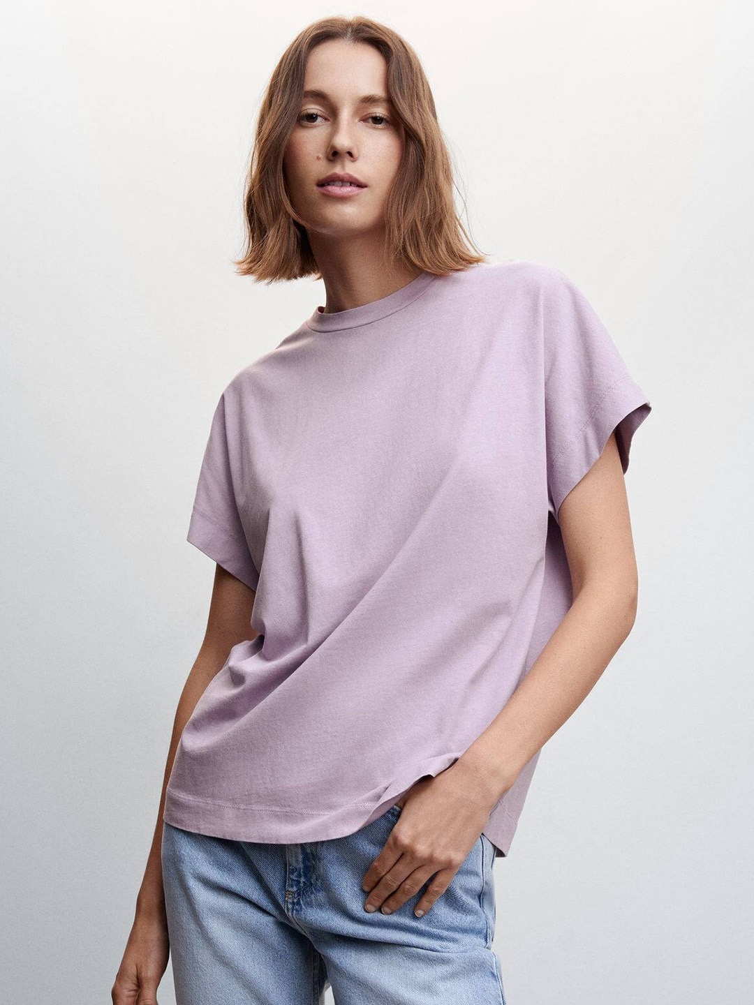 

MANGO Women Solid Pure Cotton Sustainable T-shirt, Lavender
