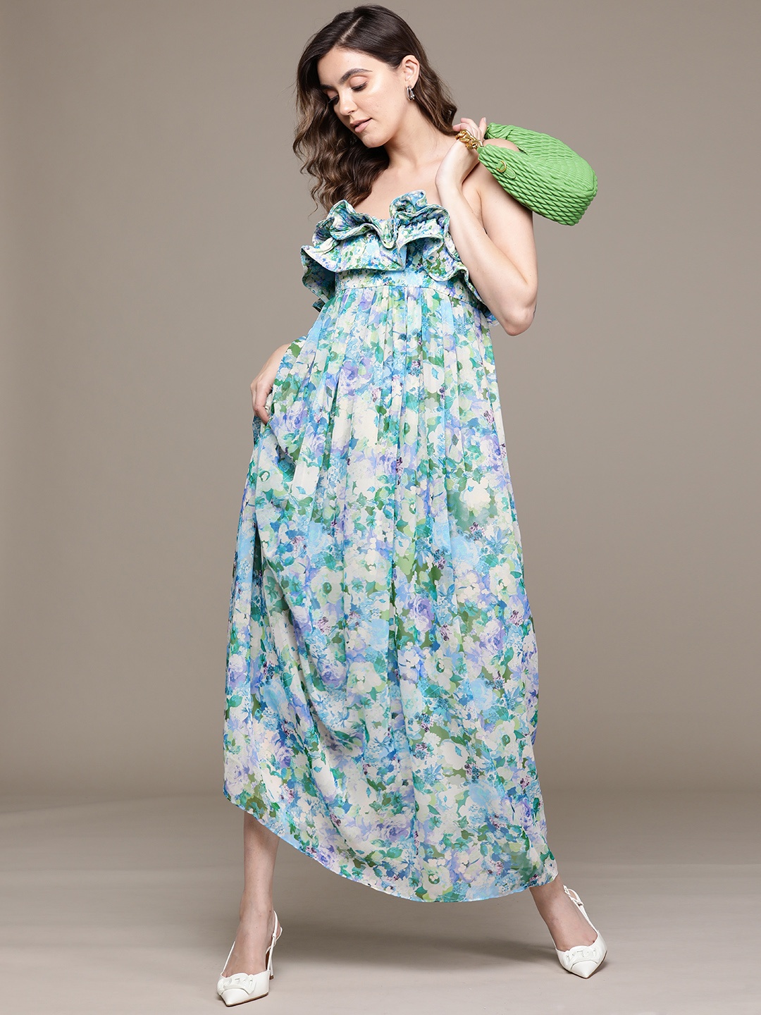

MANGO Floral Print Ruffled Maxi Dress, Blue