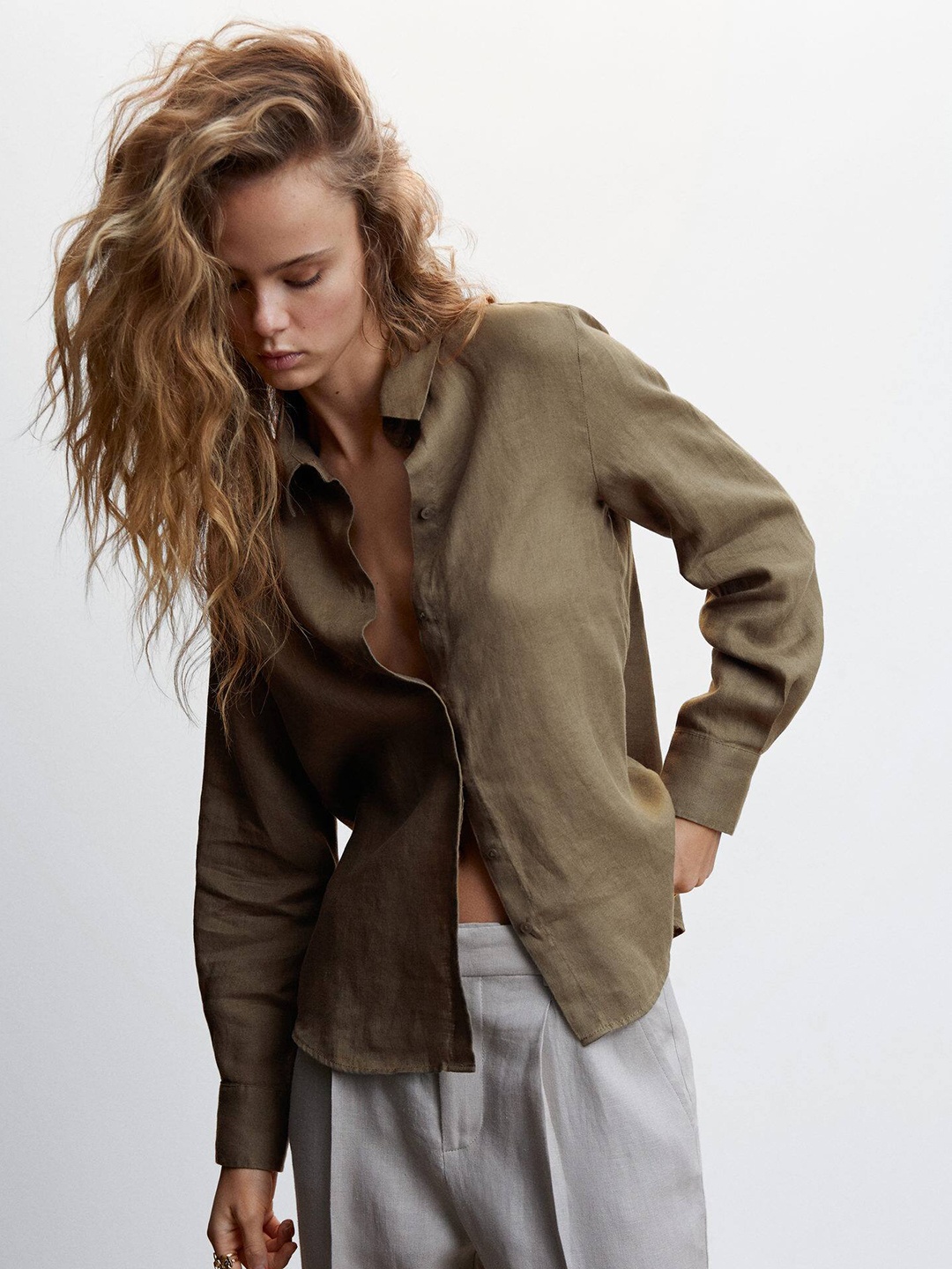 

MANGO Linen Casual Shirt, Olive