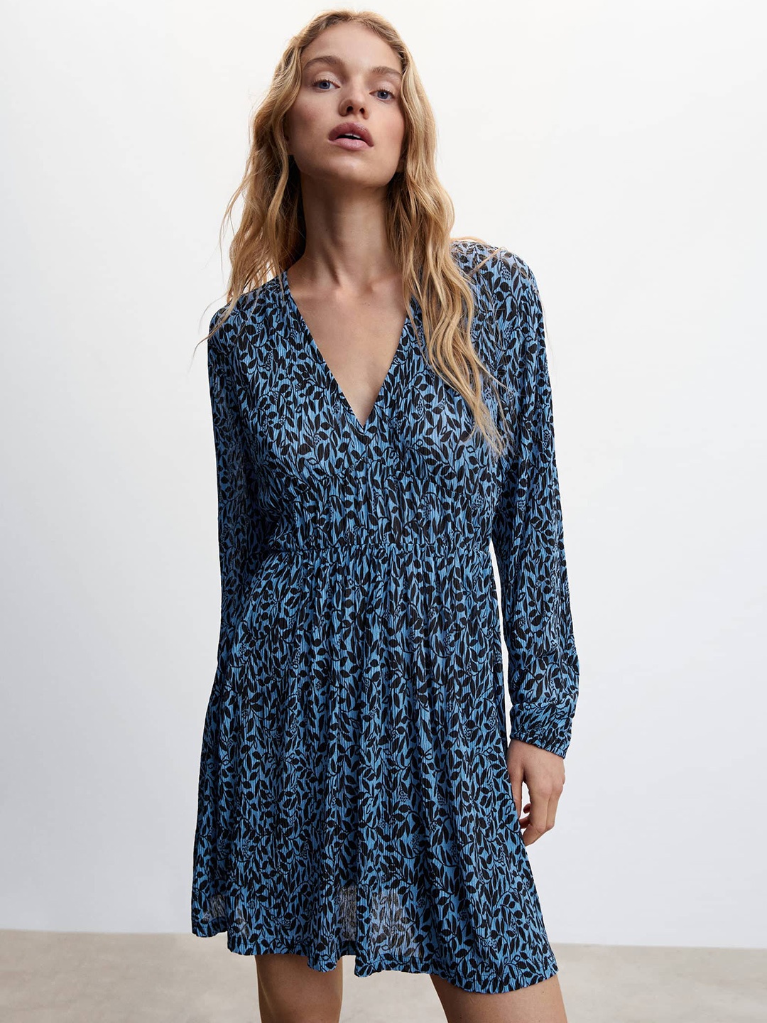 

MANGO Ethnic Motifs Print Puff Sleeve A-Line Dress, Blue