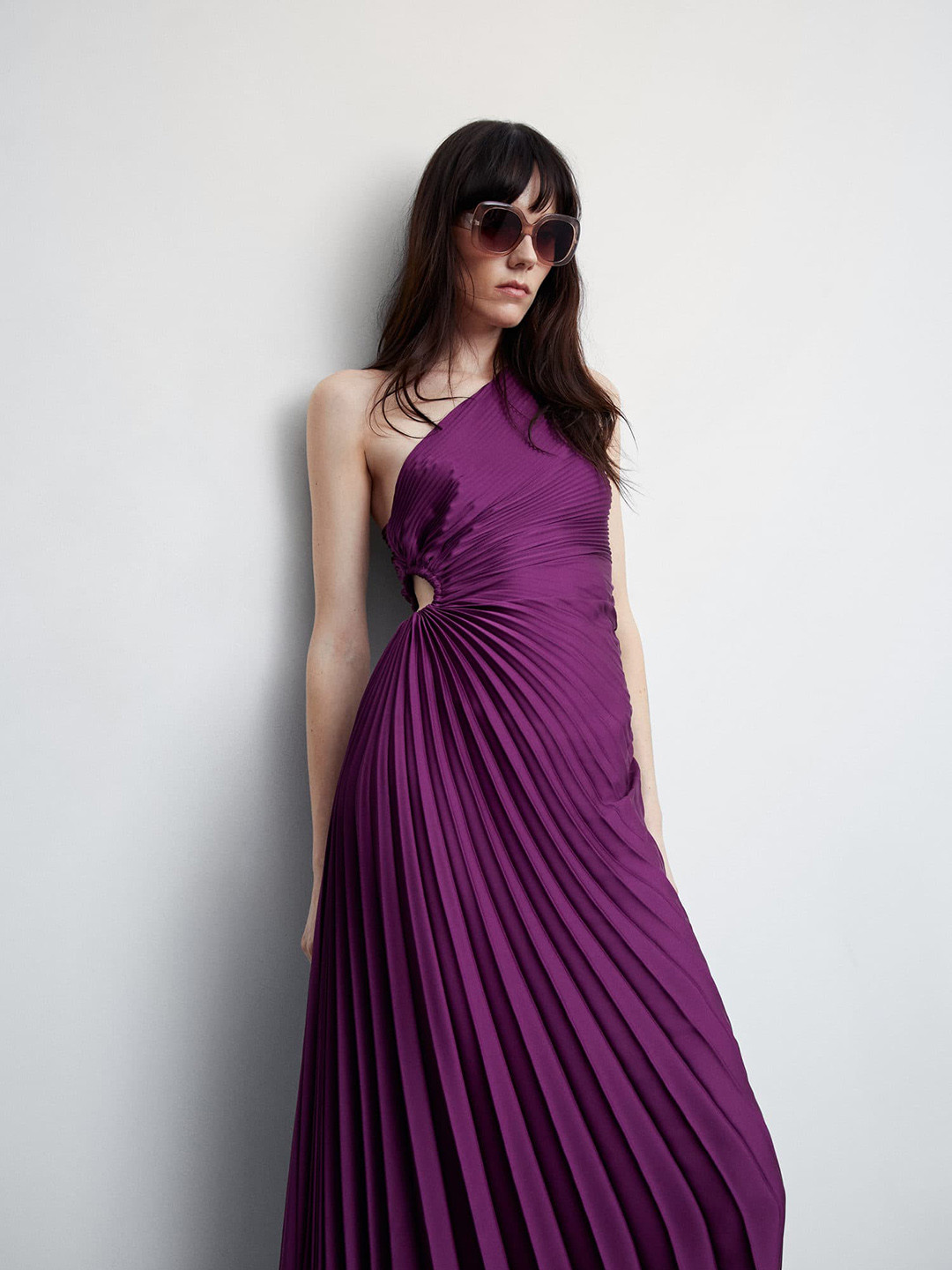 

MANGO Asymmetrical Accordion Pleat One Shoulder Maxi Dress, Purple
