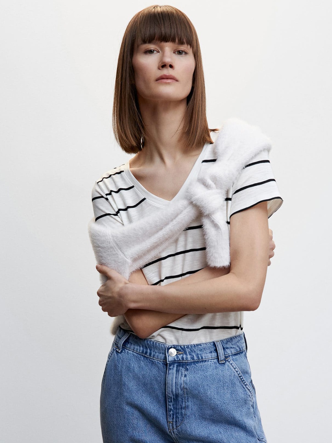 

MANGO Striped V-Neck T-shirt, White