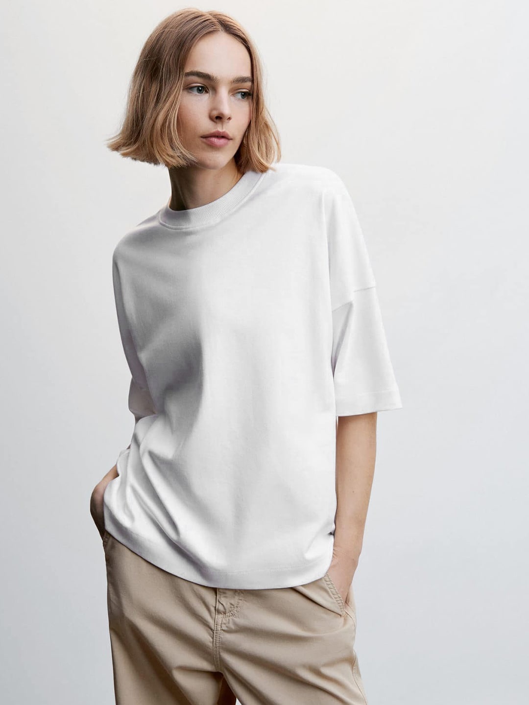 

MANGO Drop-Shoulder Sleeves Sustainable Cotton Oversized T-shirt, White