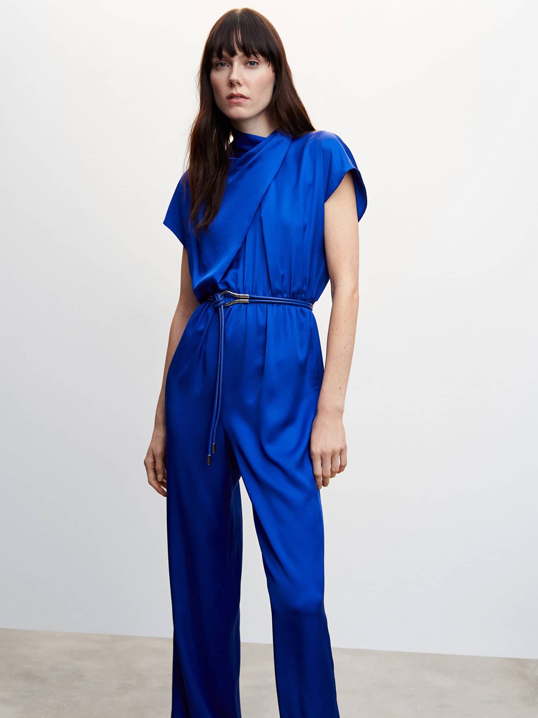 

MANGO Draped High Neck Extended Sleeves Jumpsuit With Belt, Blue