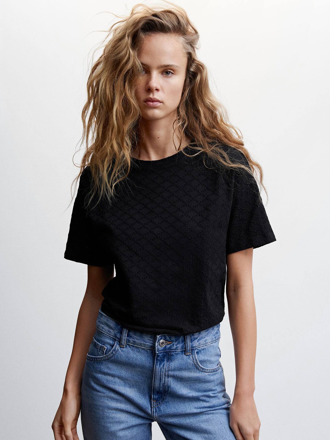 

MANGO Schiffli Pure Cotton Top, Black