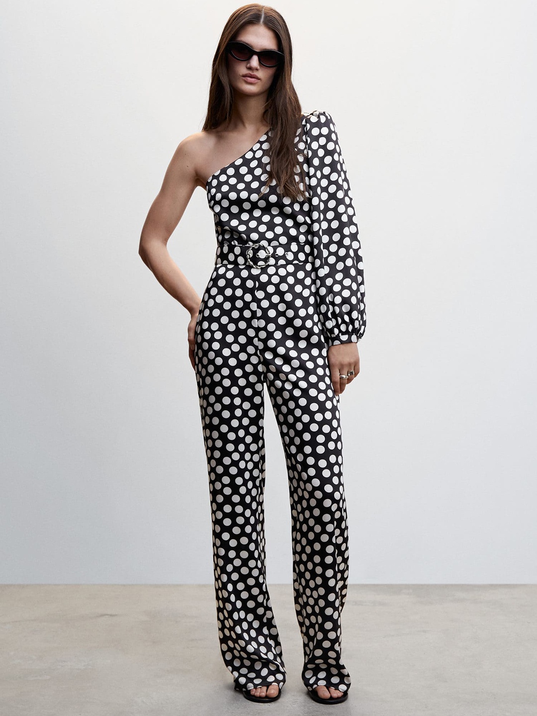 MANGO Polka Dot Printed Basic Jumpsuit with Belt, Black